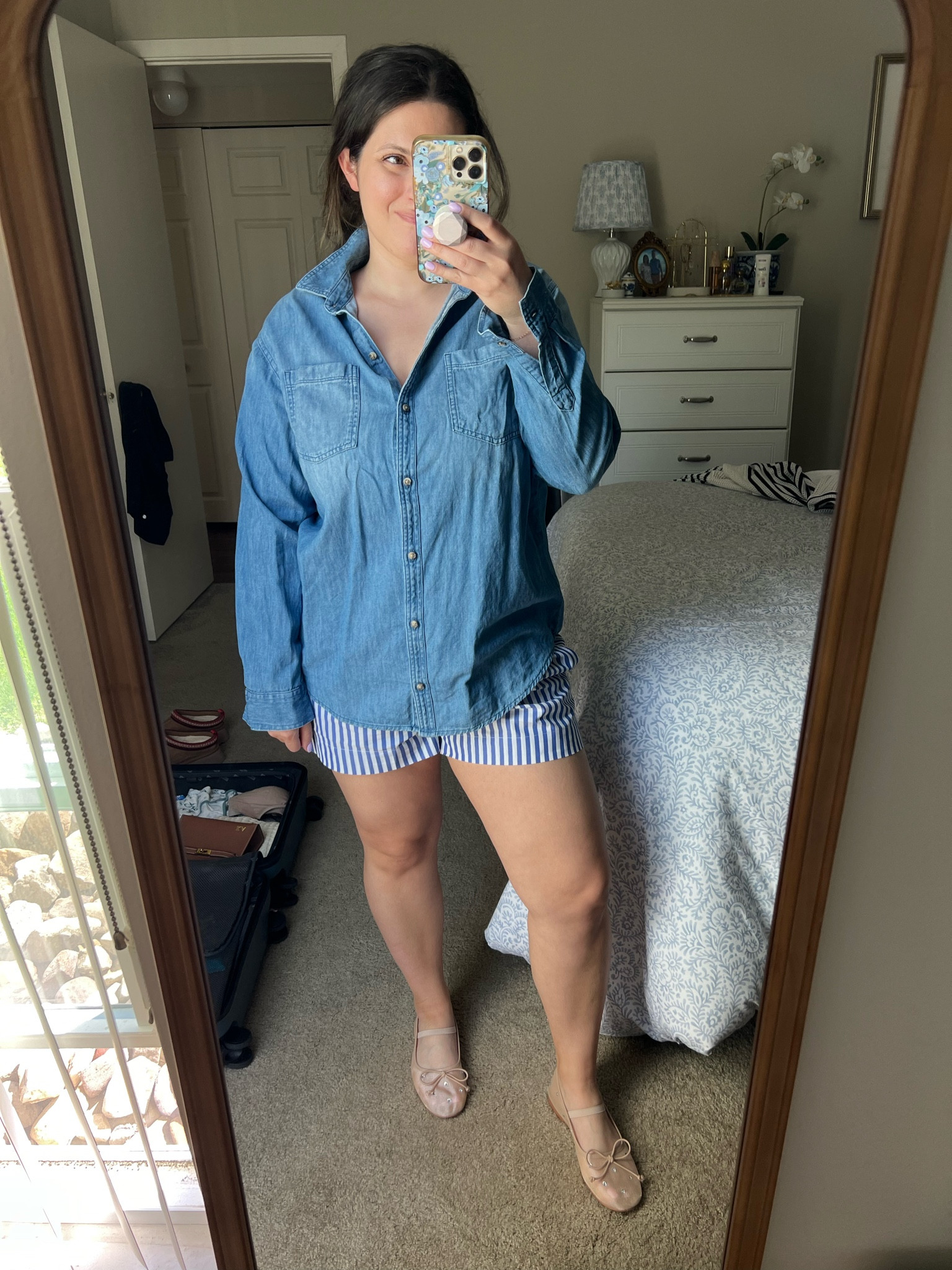 Thoughts on this? Stole this look from Sadie Loving. 
Denim shirt / old navy / boxer shorts / lake pajamas / mesh ballet flats / amazon / target / loeffler Randall / spring outfit / summer outfit / travel outfit 

#LTKstyletip #LTKmidsize #LTKshoecrush