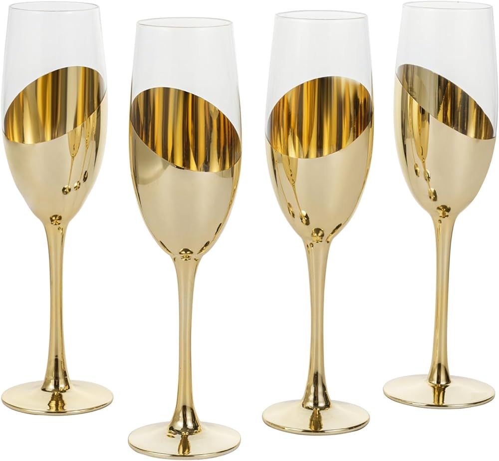 MyGift 6 oz Modern Brass Tone Metallic Plated Stemmed Champagne Flutes, Sparkling Wine Stemware, ... | Amazon (US)