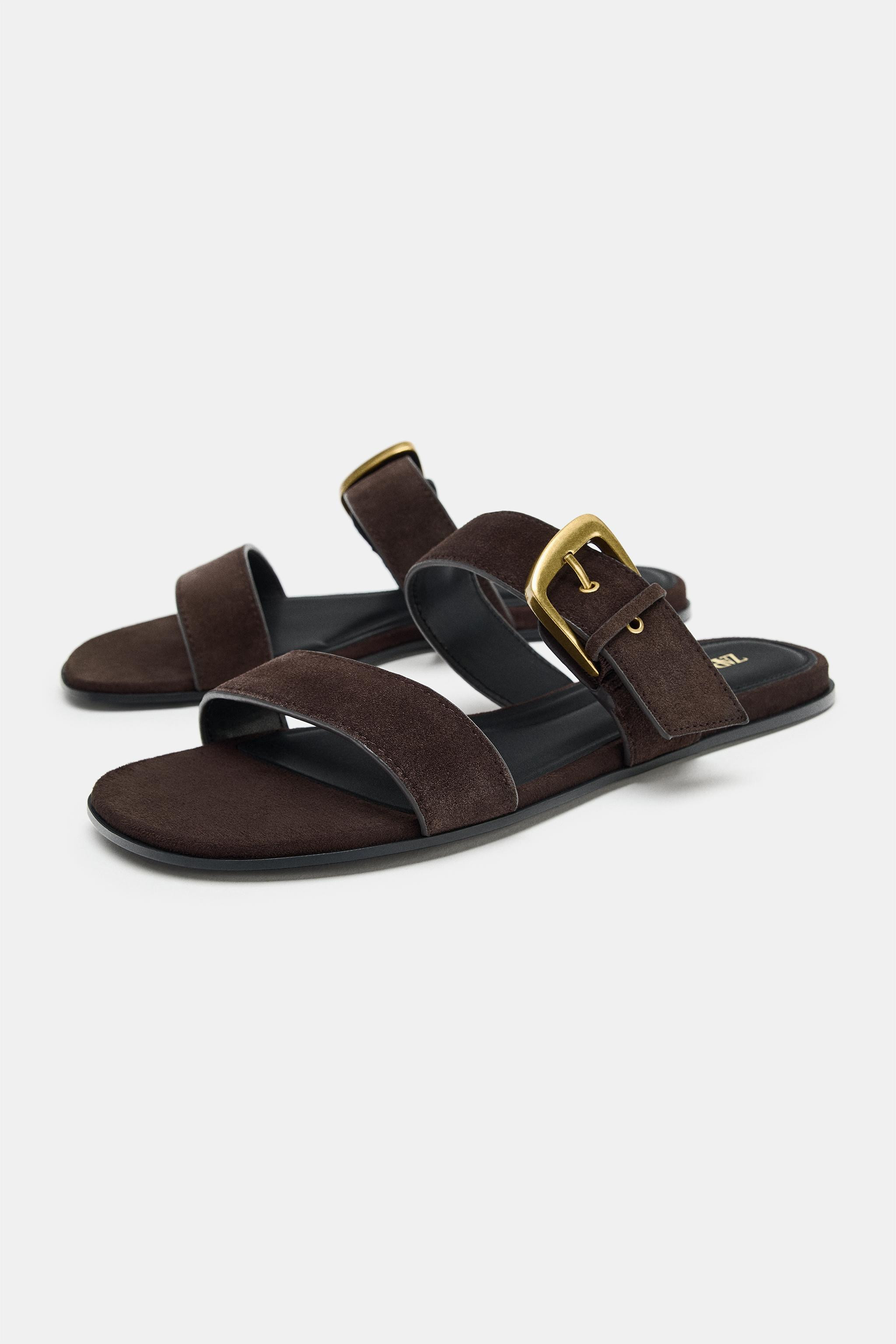 BUCKLED FLAT SPLIT SUEDE SANDALS | Zara UK