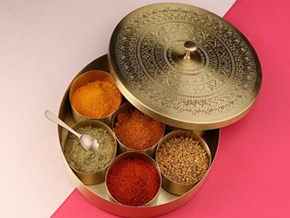 SEMPYIX Pure Brass Masala Box Set with Brass Spoon Container 100 ML-Food Spice Storage Rack India... | Amazon (US)