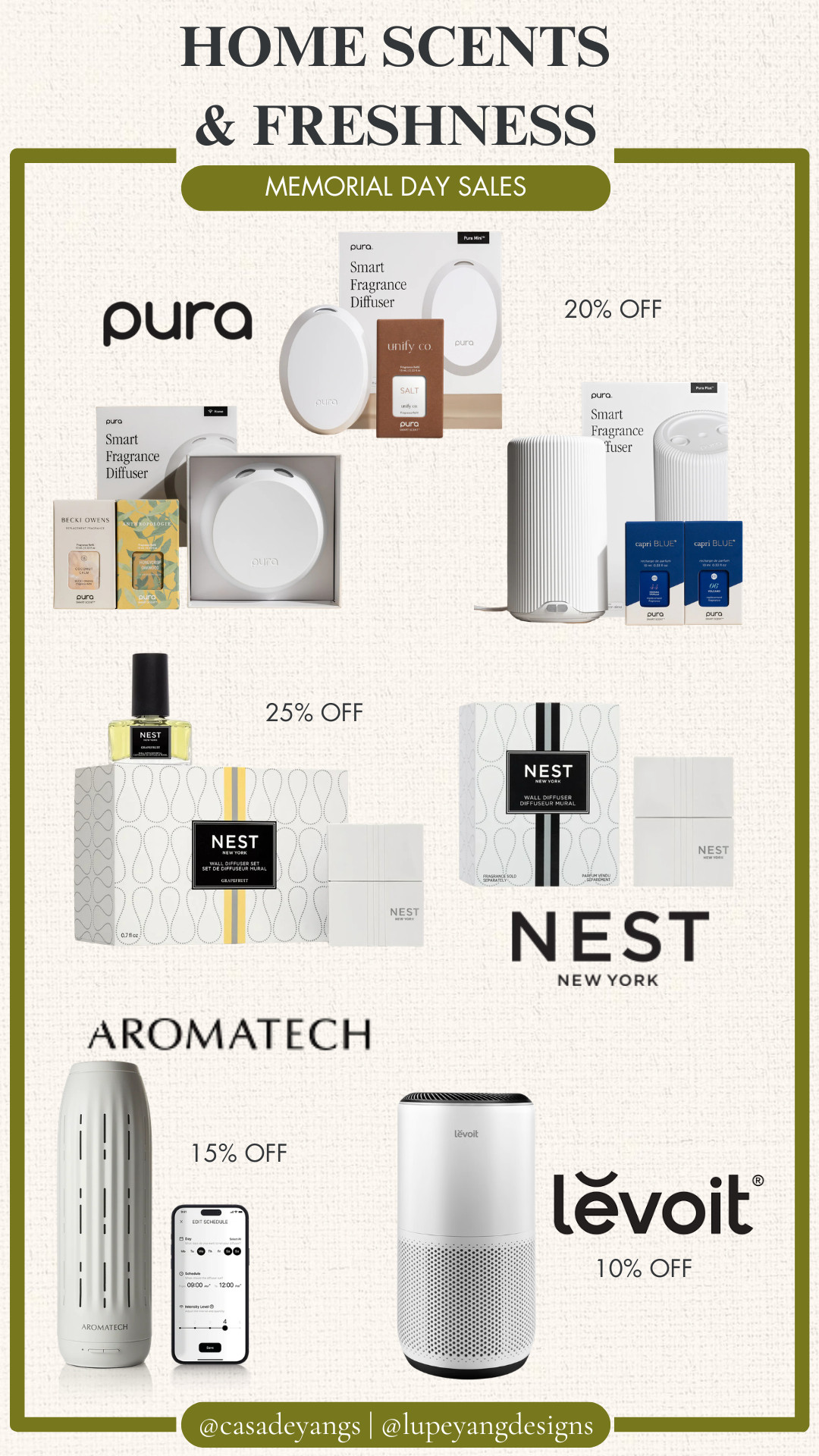 MEMORIAL DAY SALES | HOME SALES | HOME SCENTS | HOME FRESHNESS | PURA | PURA SALE | PURA DIFFUSER | NEST | NEST SALE | NEST DIFFUSER | AROMATECH | AROMATECH SALE | LEVOIT | LEVOIT PURIFIER 

 #LTKselfcare #LTKHome #LTKSaleAlert