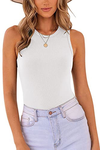 MISSJOY Women's White Bodysuit Sleeveless Racer Back Halter Neck Ribbed Knit Tank Tops | Amazon (US)