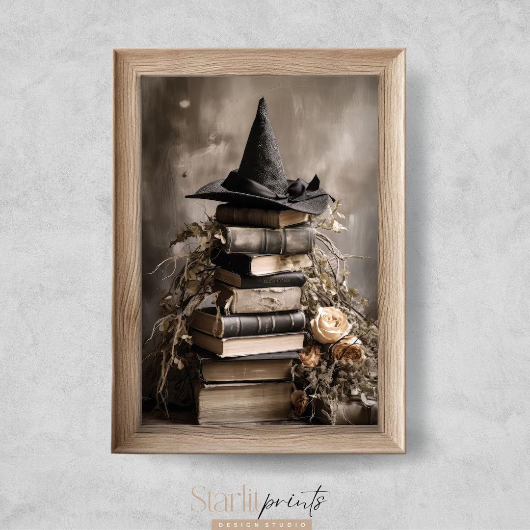 PRINTABLE Halloween Wall Art Print, Witch Hat on Old Books, Witchy Spells Prints, Vintage Witch A... | Etsy (US)