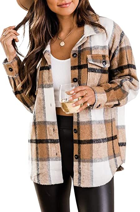 Womens Casual Plaid Shacket Wool Blend Button Down Long Sleeve Shirts Fall Outfit 2022 Jacket Sha... | Amazon (US)