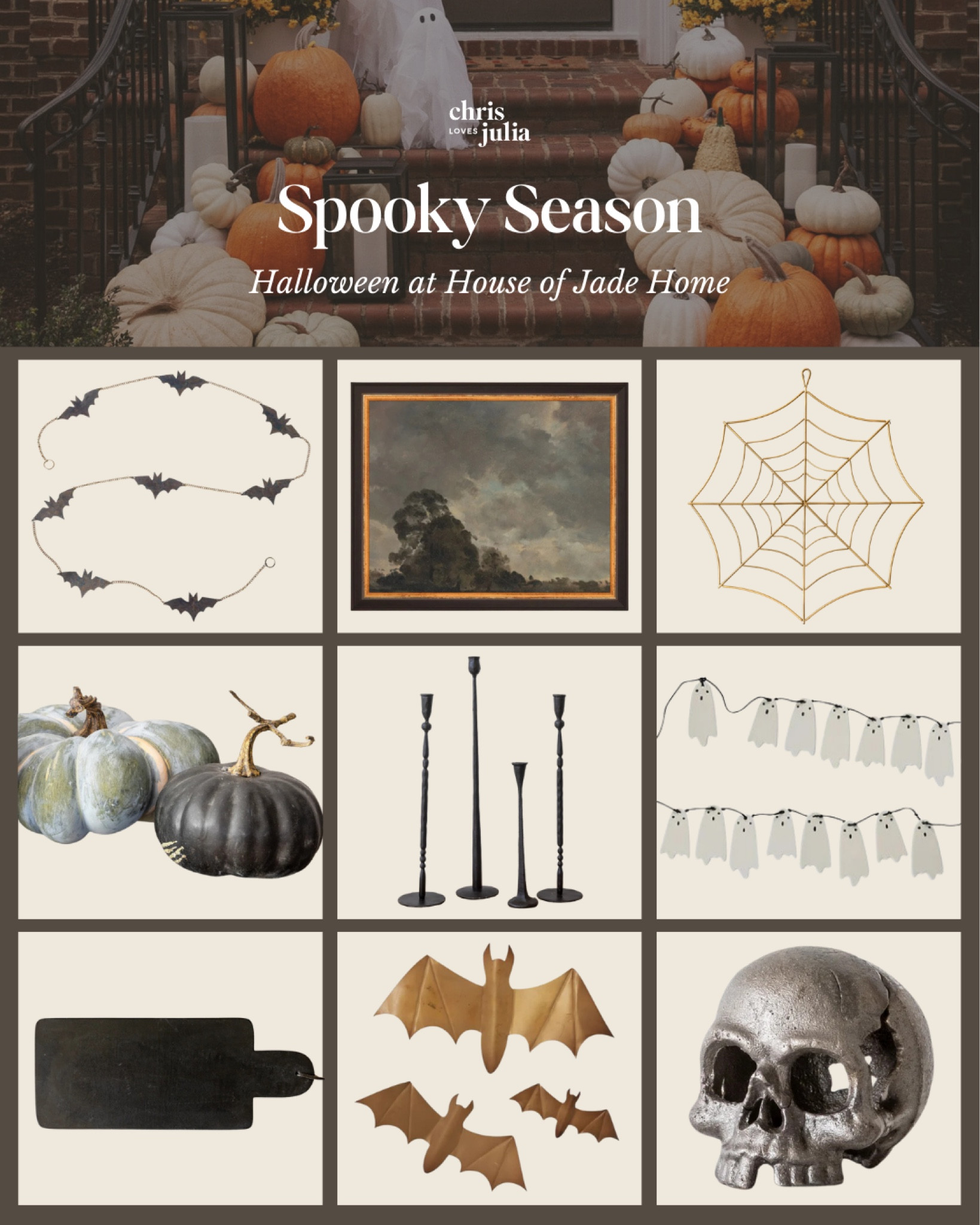 October is around the corner and I’m scoping out all the best Halloween decor. Love these finds from House of Jade Home! 🦇 

Bat garland, art print, brass spiderweb, faux pumpkin, black candlesticks, ghost garland, black charcuterie board, brass wall hanging bats, skull decorative object

#LTKHome #LTKSeasonal #LTKFindsUnder50