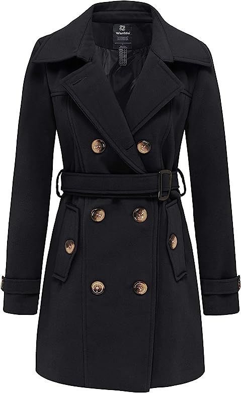 Wantdo Women's Double Breasted Pea Coat Winter Mid-Long Trench Coat with Belt | Amazon (US)