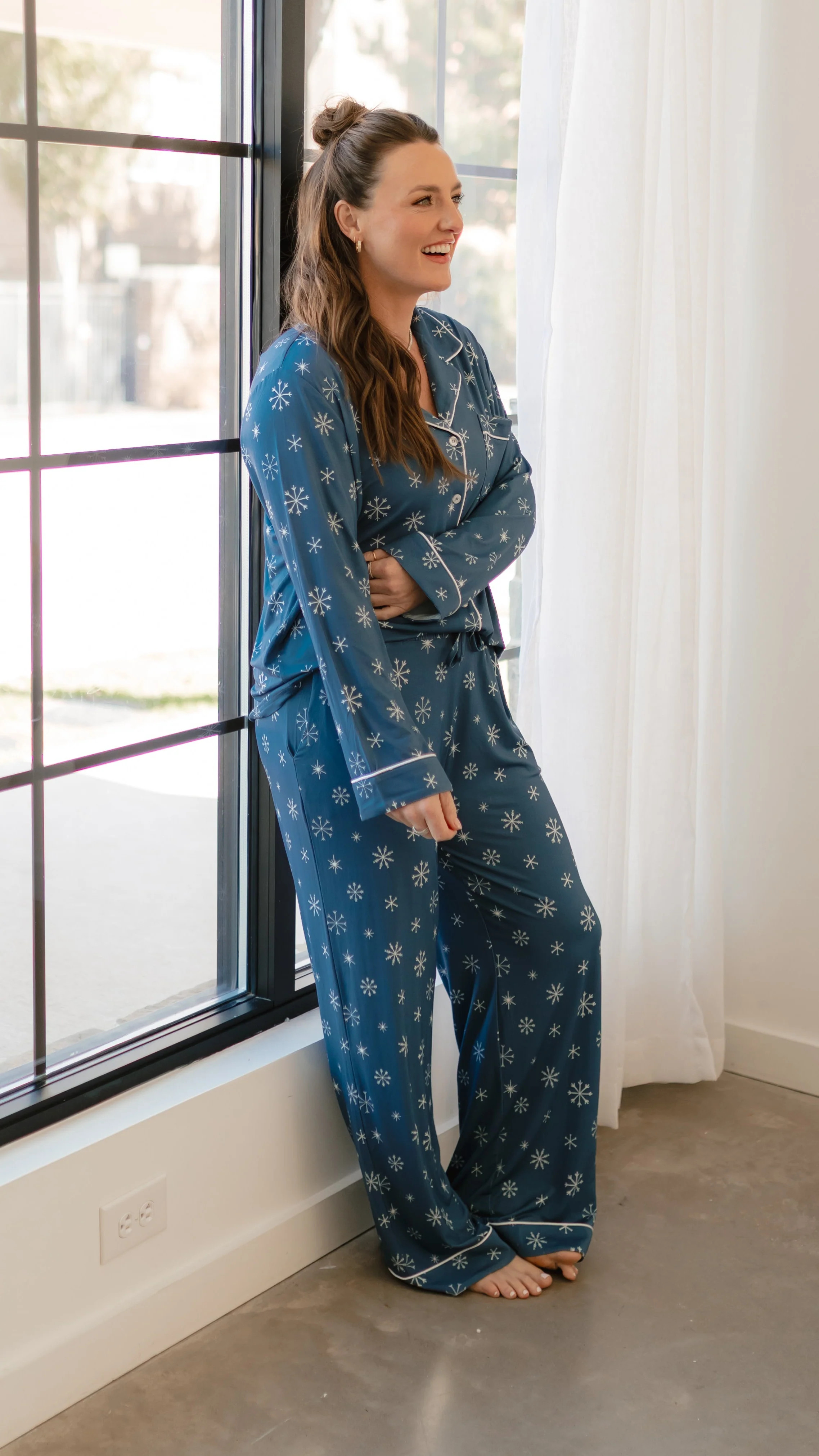 Women's Button Up Set In Snowflakes | Silks Design