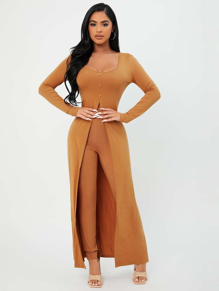 SHEIN SXY Fake Buttons Split Hem Tee & Solid Pants Set | SHEIN