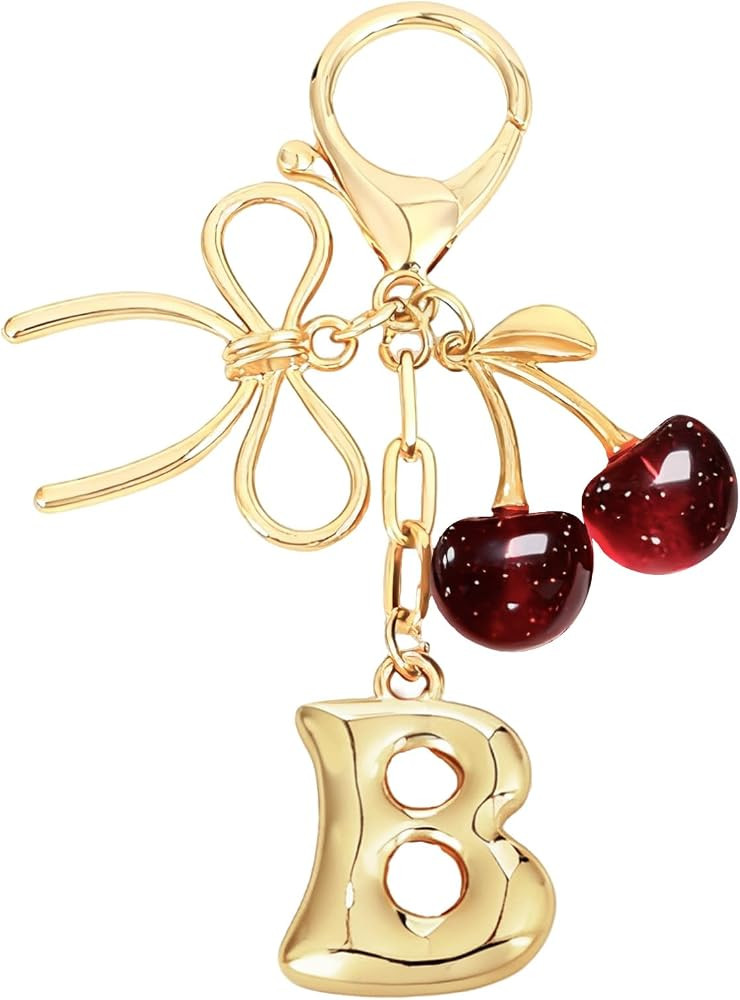 Bubble Initial Keychain with Bow & Cherry - Gold Letter Bag Charms for Women, Cute Purse Handbag ... | Amazon (US)