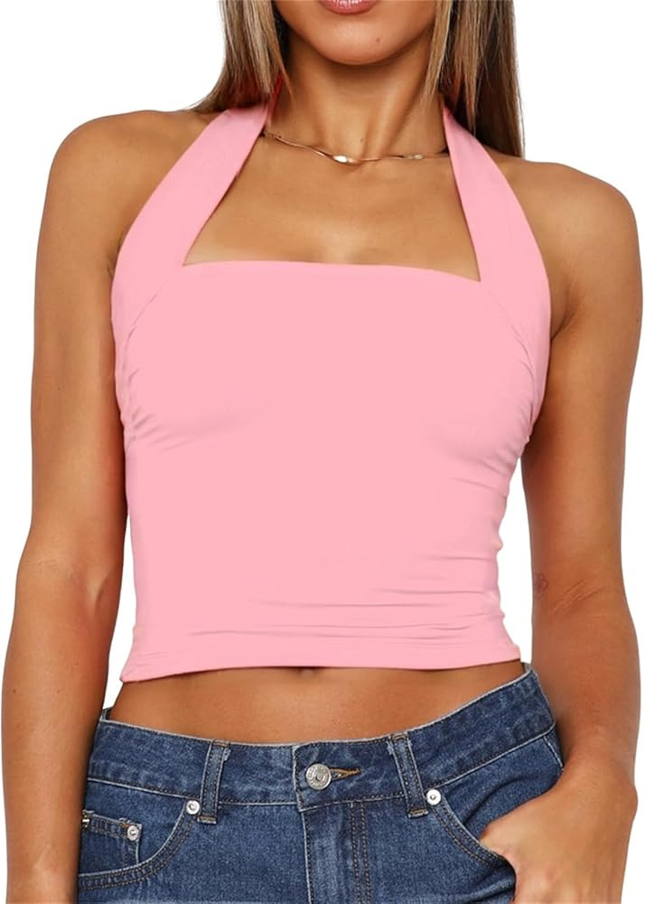ForeFair Women Halter Neck Backless Crop Top Sexy Y2K Sleeveless Tank Top Open Back Slim Fit Tops | Amazon (US)