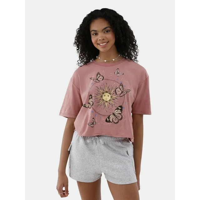 No Boundaries Boxy Cropped Graphic Tee with Short Sleeves, Women's | Walmart (US)