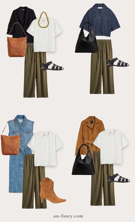 4 office outfit ideas featuring olive wide leg pants from H&M. A little 70s, a little minimalist, plus some artist in Paris vibes. 

#LTKfindsunder100 #LTKstyletip #LTKfindsunder50