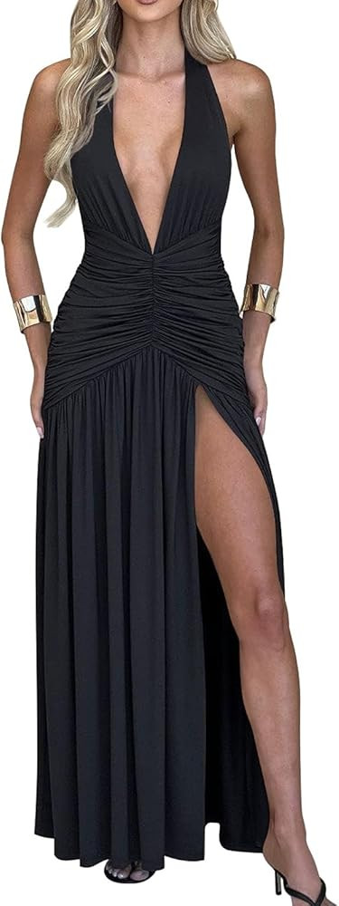 Memoriesea Women's Sexy Halter Deep V Neck High Slit Ruched Party Cocktail Maxi Dress | Amazon (US)