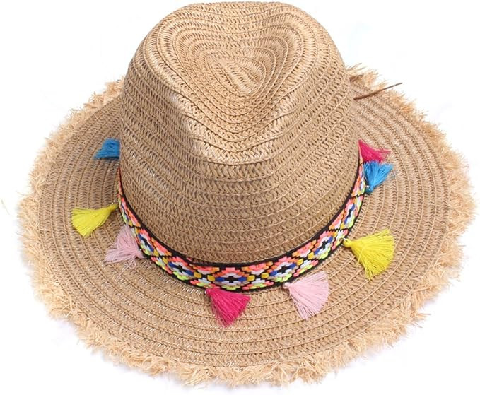 Vankerful Colorful Tassels Women's Straw Hat Wide Brim Beach Summer Sun Hat | Amazon (US)