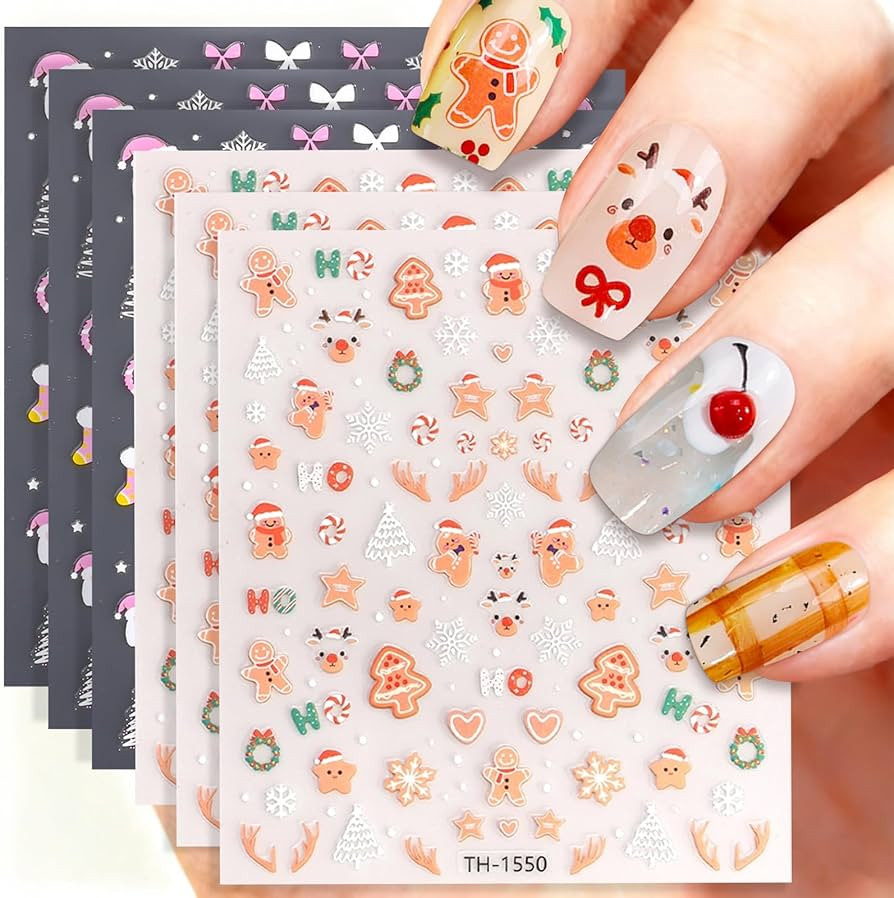 Christmas Nail Art Stickers - 3D Santa Claus, Snowflakes, Gingerbread Men & Xmas Tree Designs - 6... | Amazon (US)