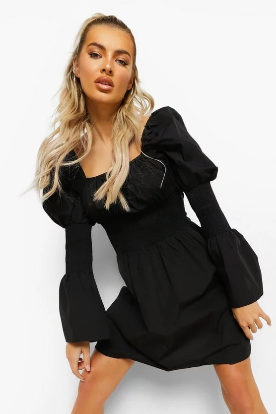 Cotton Puff Sleeve Gathered Bust Smock Dress | Boohoo.com (UK & IE)