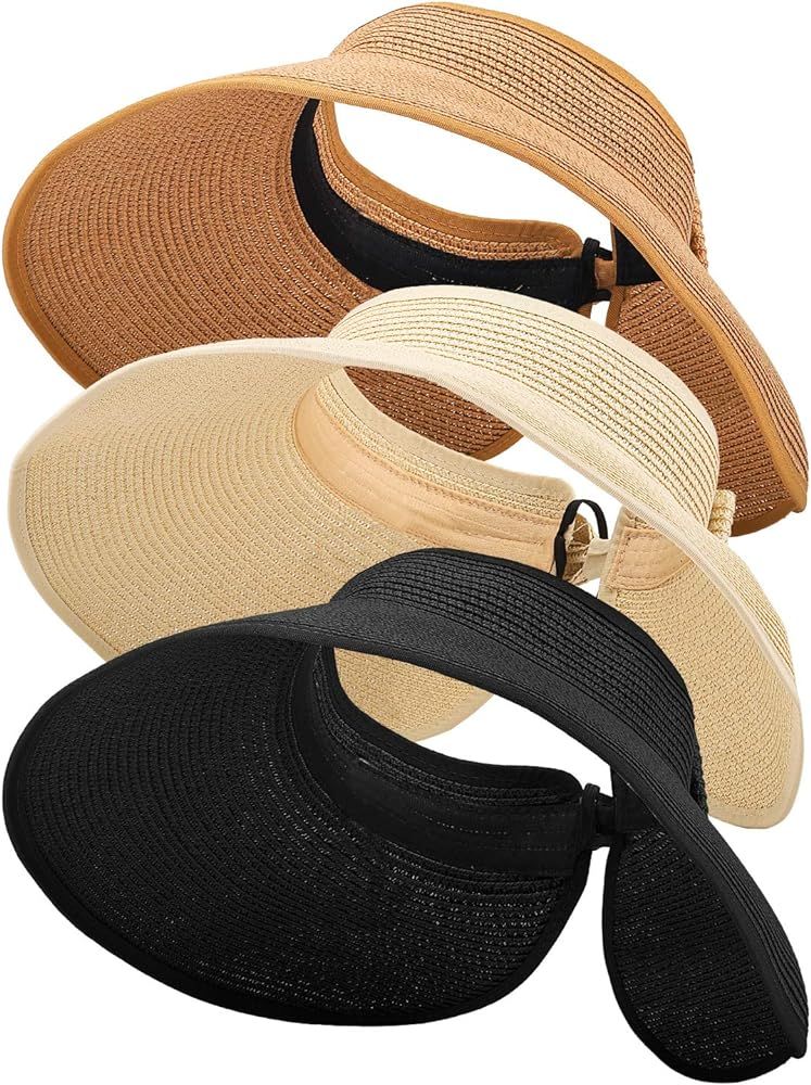 MEINICY 3PCS Foldable Straw Sun Visor Hats for Women, Wide Brim Ponytail Summer Beach Hat, Protec... | Amazon (US)