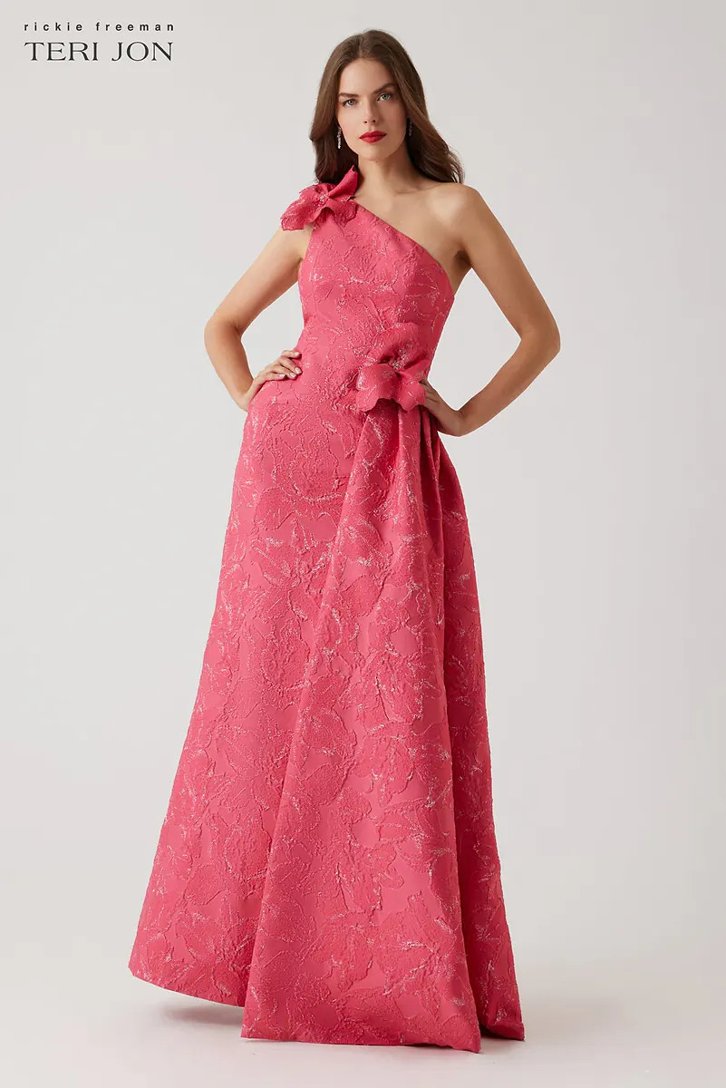 One Shoulder 3D Flower Side Drape Gown | TERI JON