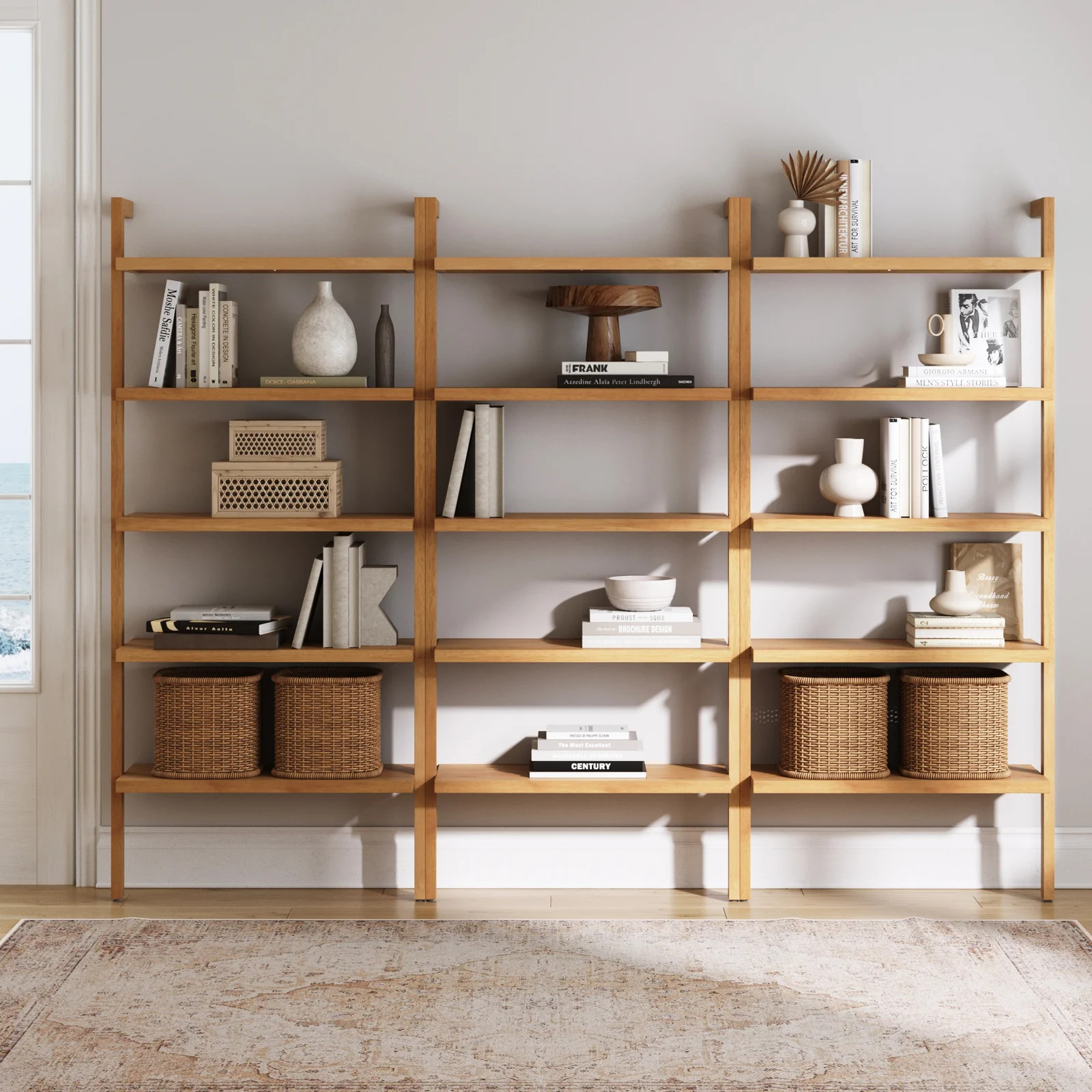 Wood 5-Shelf Ladder Wall Bookshelf Warm Pine (Set of 3) | Nathan James