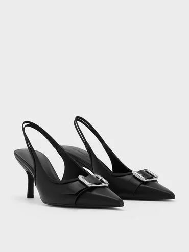 Buckled Pointed-Toe Slingback Pumps
 - Black | Charles & Keith UK