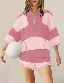 Panadila Women Striped Workout Set Two Piece Outfit Tracksuit Oversized Lounge Set Top and Shorts... | Amazon (US)