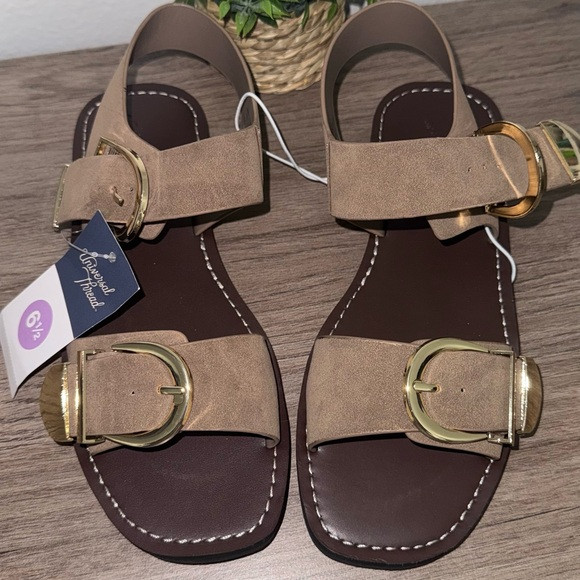 Universal Thread Tan Sandals with Gold Buckles | Poshmark