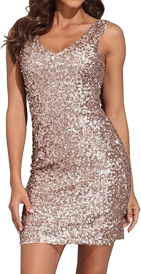 PrettyGuide Women's Sexy Deep V Neck Sequin Glitter Bodycon Stretchy Mini Party Dress | Amazon (US)