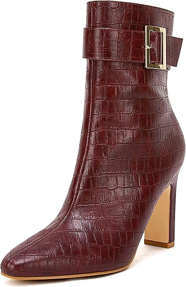 Coutgo Women's High Heel Ankle Boots Pointed Toe Chunky Block Buckle Mid Calf Booties with Animal... | Amazon (US)