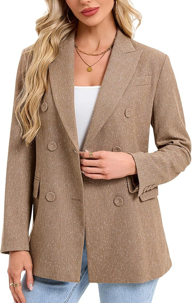 Women's Double Breasted Blazer Jacket Long Sleeve Notched Lapel Suit Coat with Flap Pockets for Work Office Business Casual | Amazon (US)