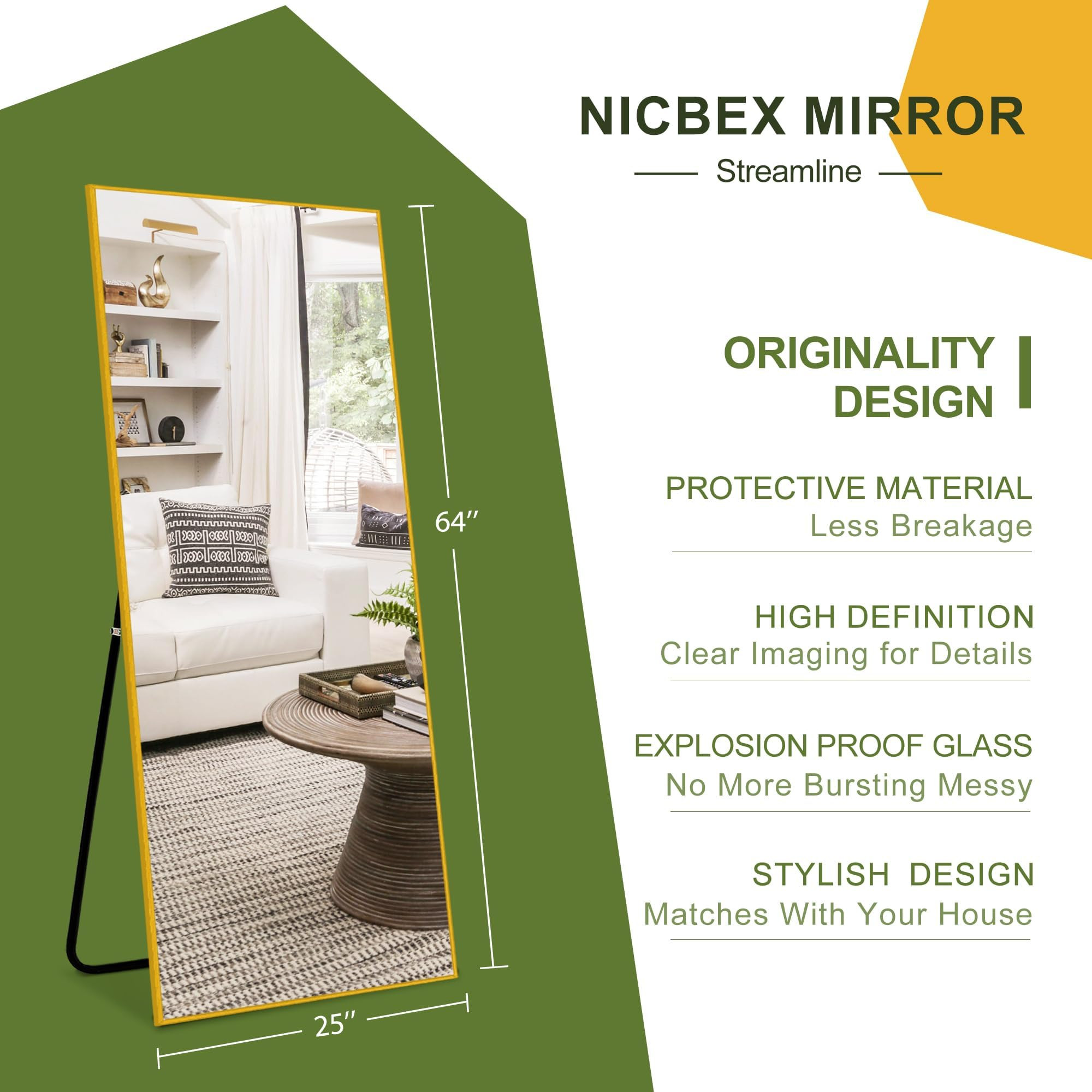 NicBex Full Length Mirror with Stand, 64"x24" Aluminum Alloy Frame Full Body Floor Mirror, Gold -... | Amazon (US)