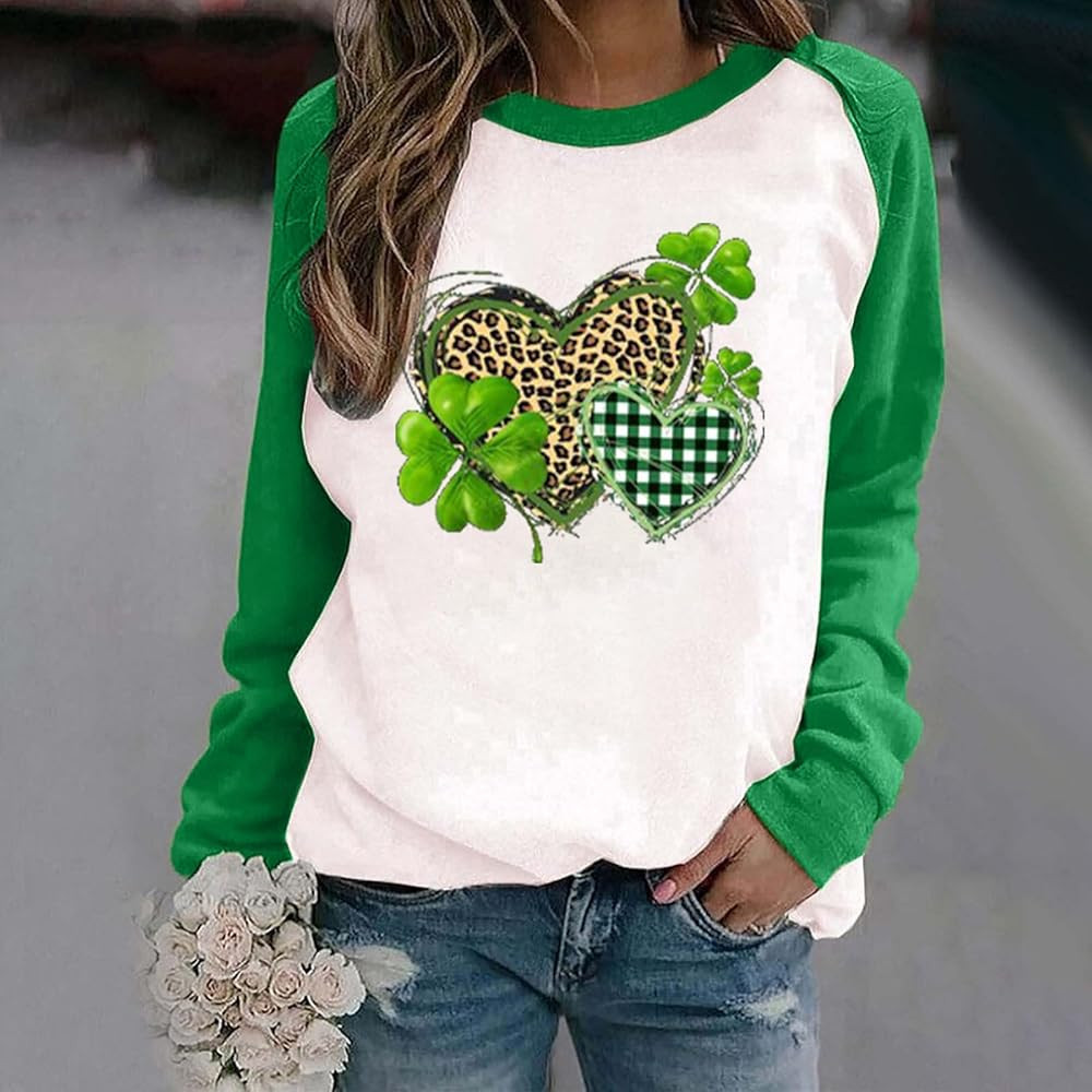 Women Casual St. Patrick's Day T Shirt Ladies Green O-Neck Jumper Long Sleeves Blouse Shamrock Irela | Amazon (US)