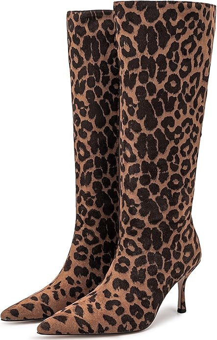 YIYA Women's Leopard Print Kitten Heel Knee High Boots Wide Calf Sexy Pointed Toe Stiletto Mid He... | Amazon (US)