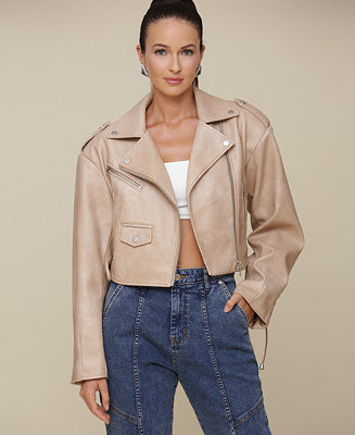Avec Les Filles Women's Wide-Shoulder Cropped Biker Jacket - Macy's | Macy's