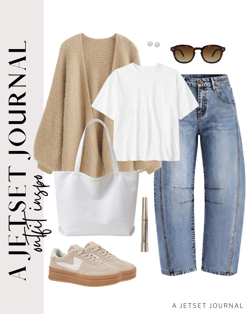 For the last outfit, wear a simple white cropped T-shirt and these cool barrel pants, then top it off with a fuzzy open-front cardigan. You can wear SOJOS sunnies and step into your fashion sneakers to complete the vibe. 

 #LTKSeasonal #LTKSaleAlert #LTKTravel