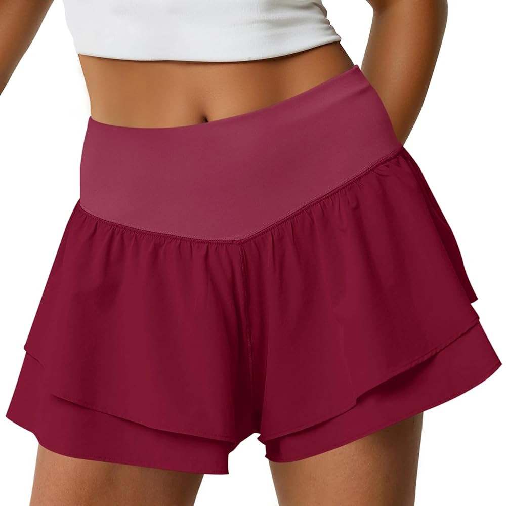 Fisoew Womens High Waisted Athletic Shorts Ruffle Tiered Running Workout Tennis Shorts with Build... | Amazon (US)