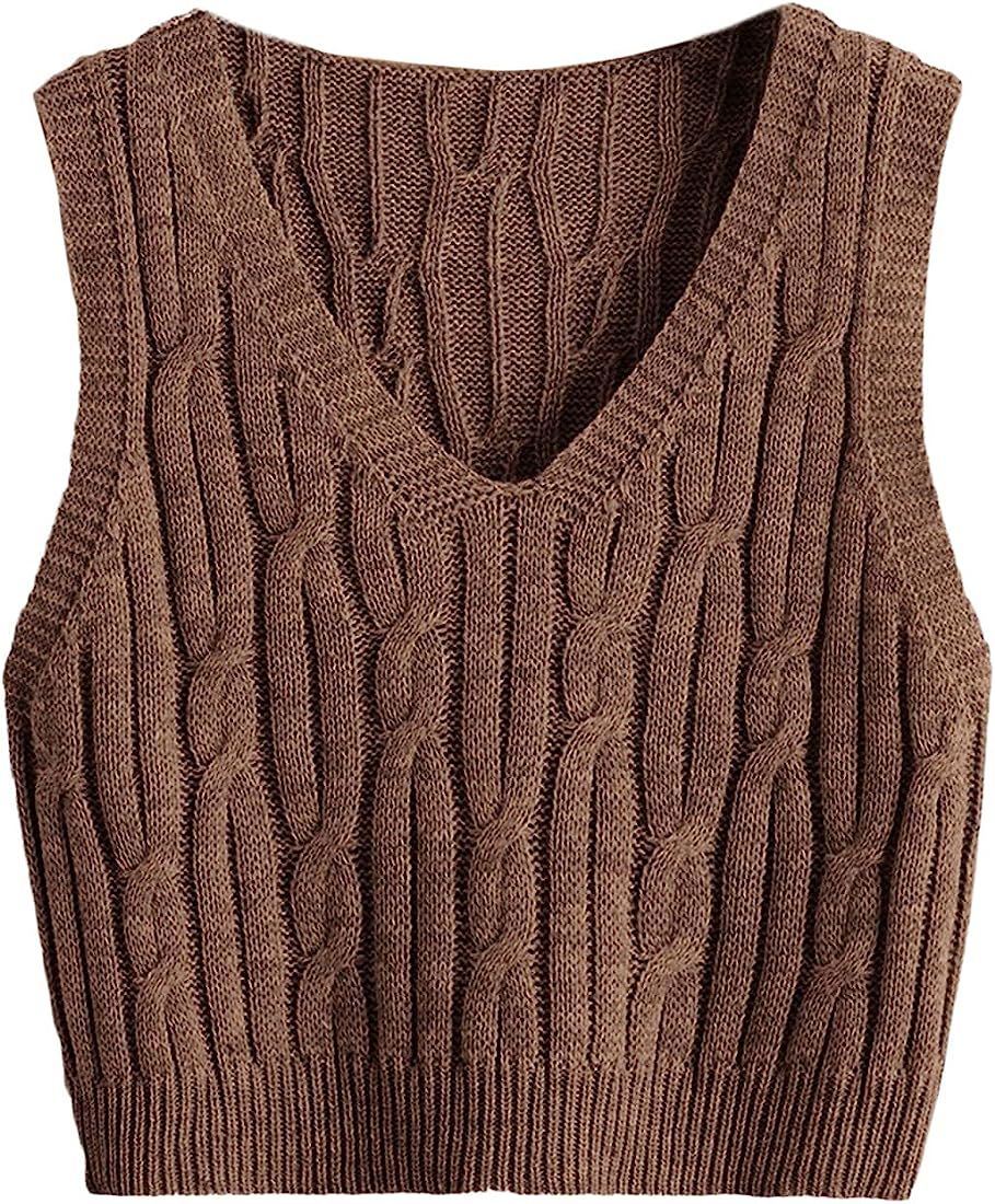 Romwe Women's Cable Knit Crop Sweater Vest Preppy Style Sleeveless V Neck Knitwear Tank Tops | Amazon (US)