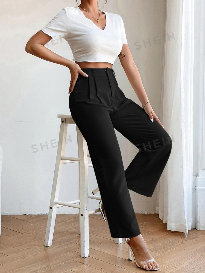 SHEIN PETITE High Waist Plicated Detail Straight Leg Black Pants | SHEIN