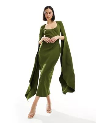 ASOS DESIGN scoop neck midi dress with extreme sleeve in green | ASOS (Global)