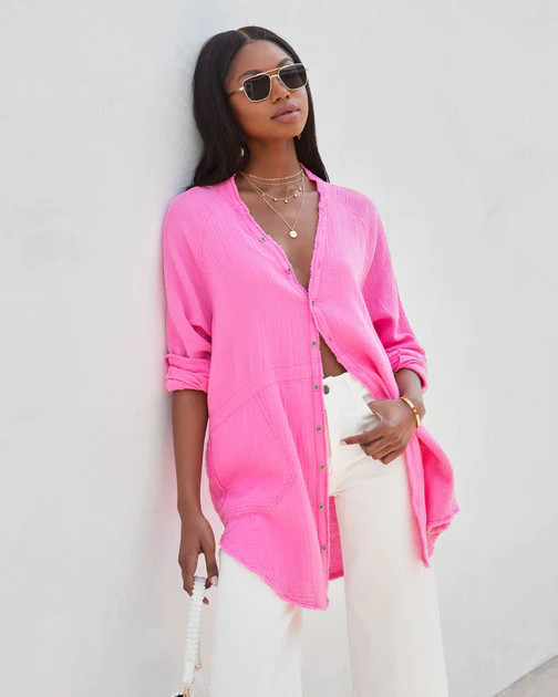 Kennedy Cotton Pocketed Button Down Tunic - Bubblegum - SALE | VICI