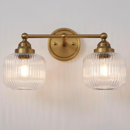 Vintage 2-Lights Clear Ribbed Glass Wall Sconce Lighting Brass Finished, Double Head Bathroom Van... | Amazon (US)