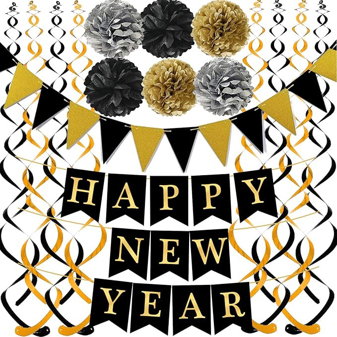 Black Happy New Year with Gold Black Paper Flag Bunting Swirl Streamers & Pom Poms for New year P... | Amazon (US)