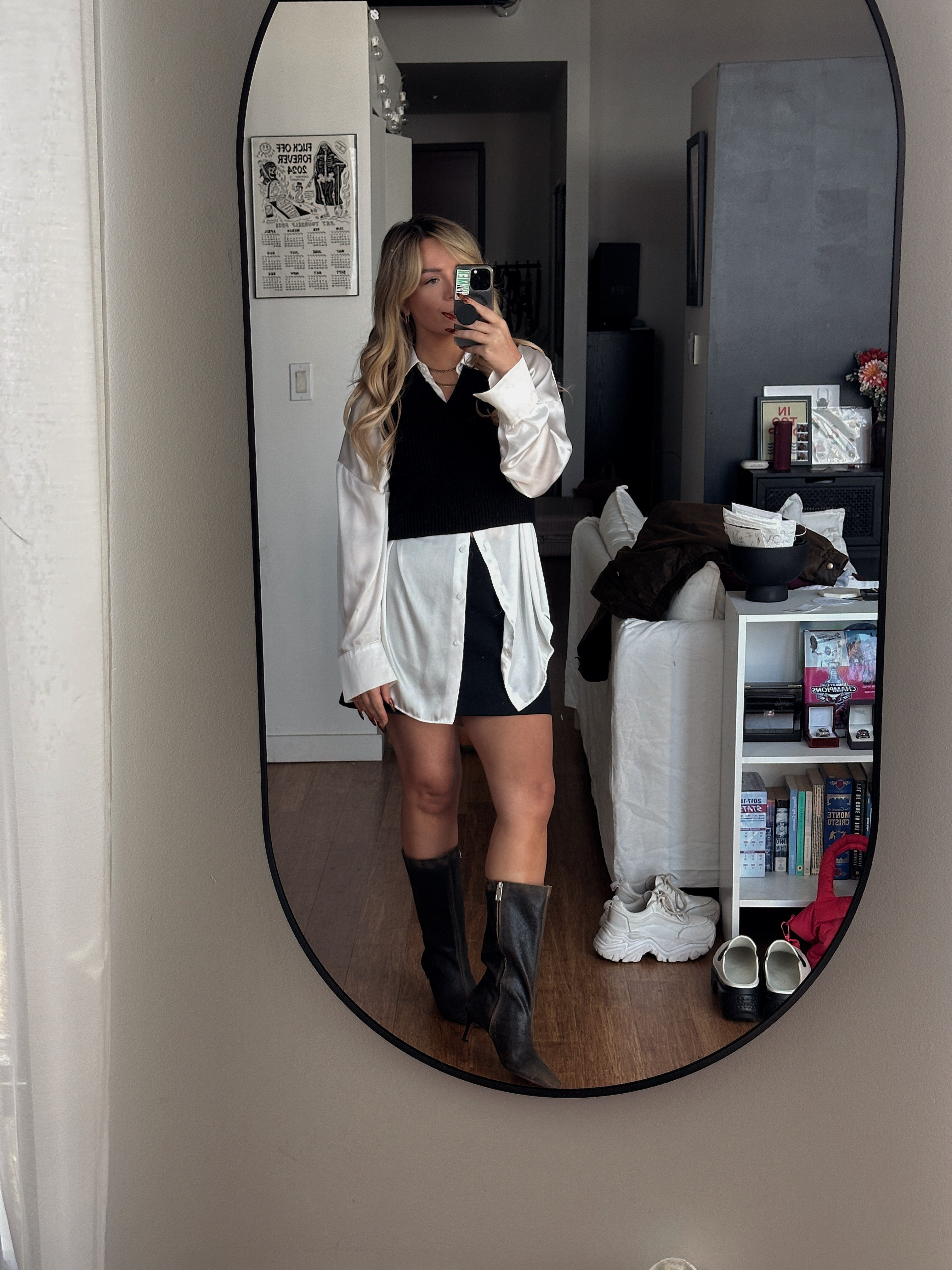 shirt - zara
sweater vest - h&m
skirt - abercrombie 
boots - franco sarto

#LTKSeasonal #LTKFindsUnder50 #LTKStyleTip