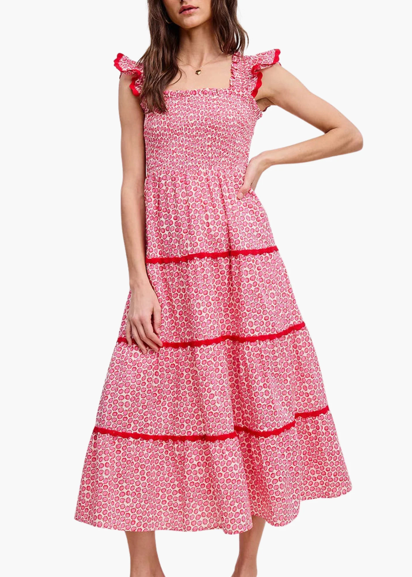 Scarlet Smocked Midi Dress in Pink | Poppy and Pink