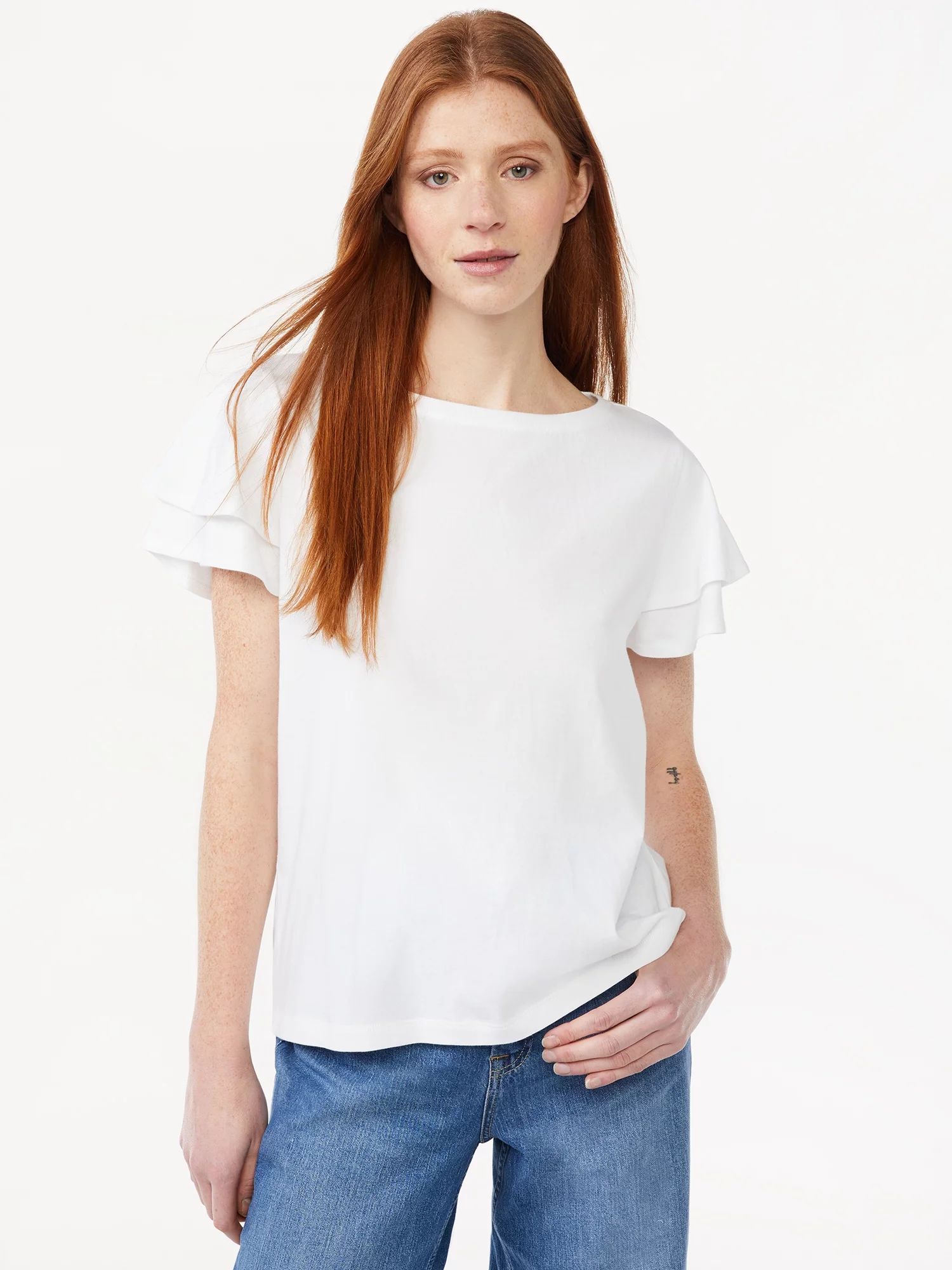 Free Assembly Women's Boatneck Tee with Flutter Sleeves - Walmart.com | Walmart (US)