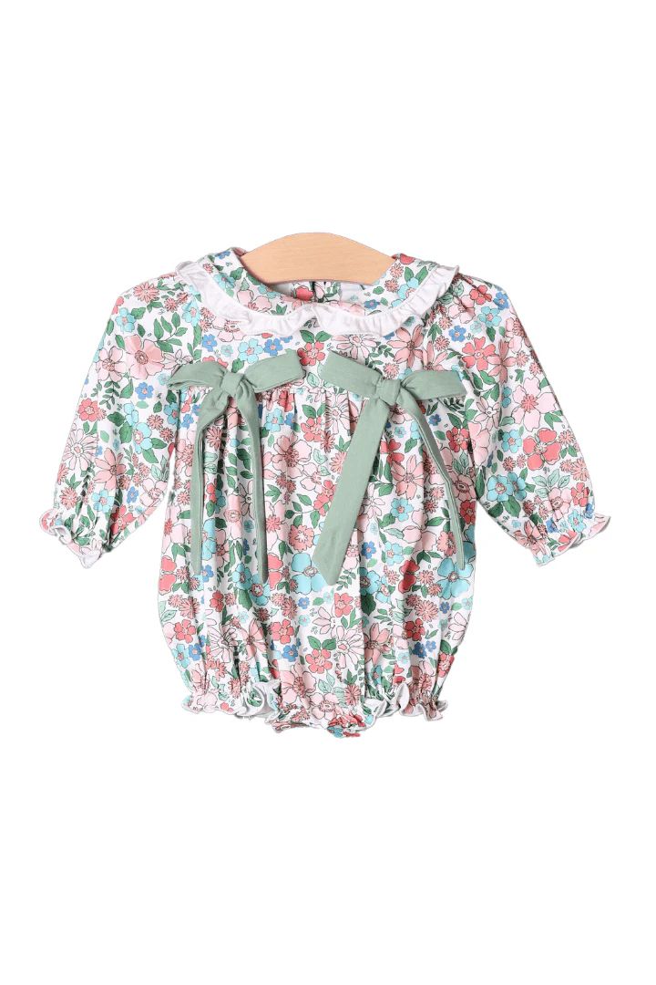 Sage Floral Bow Knit Bubble | The Smocked Flamingo