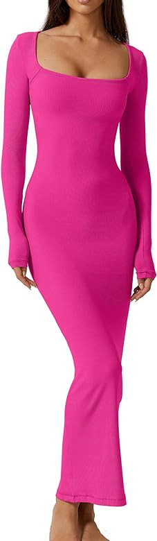 QINSEN Women's Long Maxi Dress Square Neck Long Sleeve Ribbed Bodycon Lounge Dresses | Amazon (US)