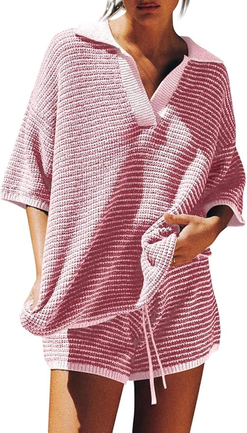Tankaneo Womens Sweater Set 2 Piece Outfits Oversized 3/4 Sleeve V Neck Knit Tops High Waisted Sh... | Amazon (US)