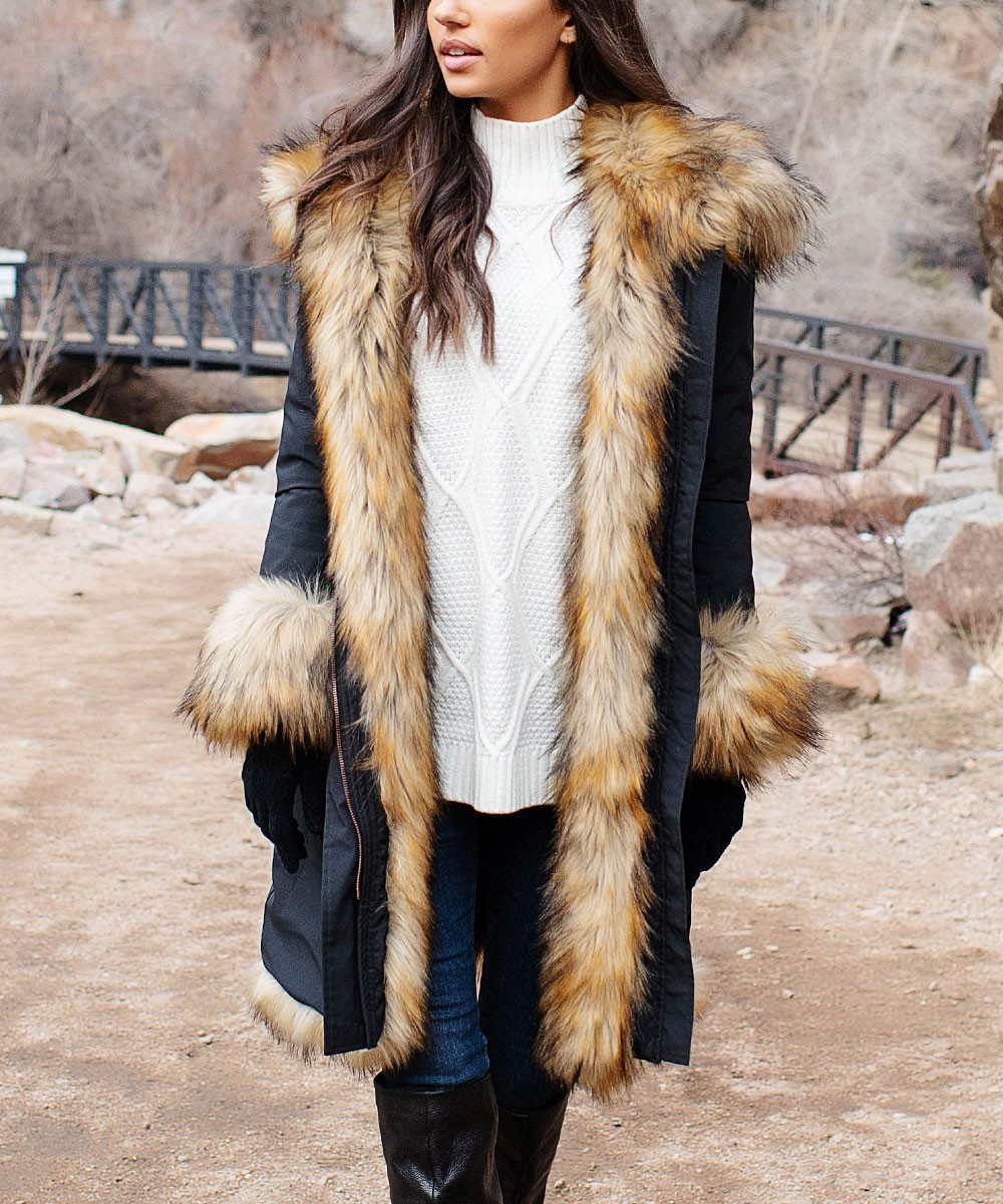 Donna Salyers' Fabulous-Faux Furs Women's Overcoats Black - Black & Brown Leopard-Contrast Hooded Fa | Zulily
