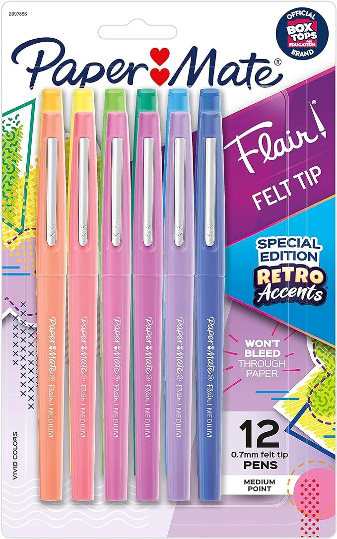 Paper Mate Flair Felt Tip Pens, Medium Point, Assorted, Special Edition Retro Accents, 12 Pack | Amazon (US)