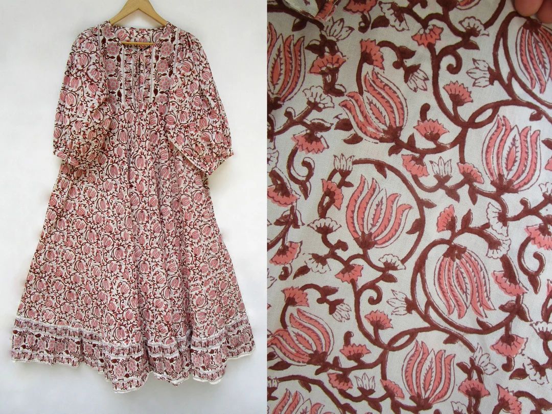 pink brown flower printed cotton long maxi dress - Henley neckline with buttons maxi dress - 3/4t... | Etsy (US)